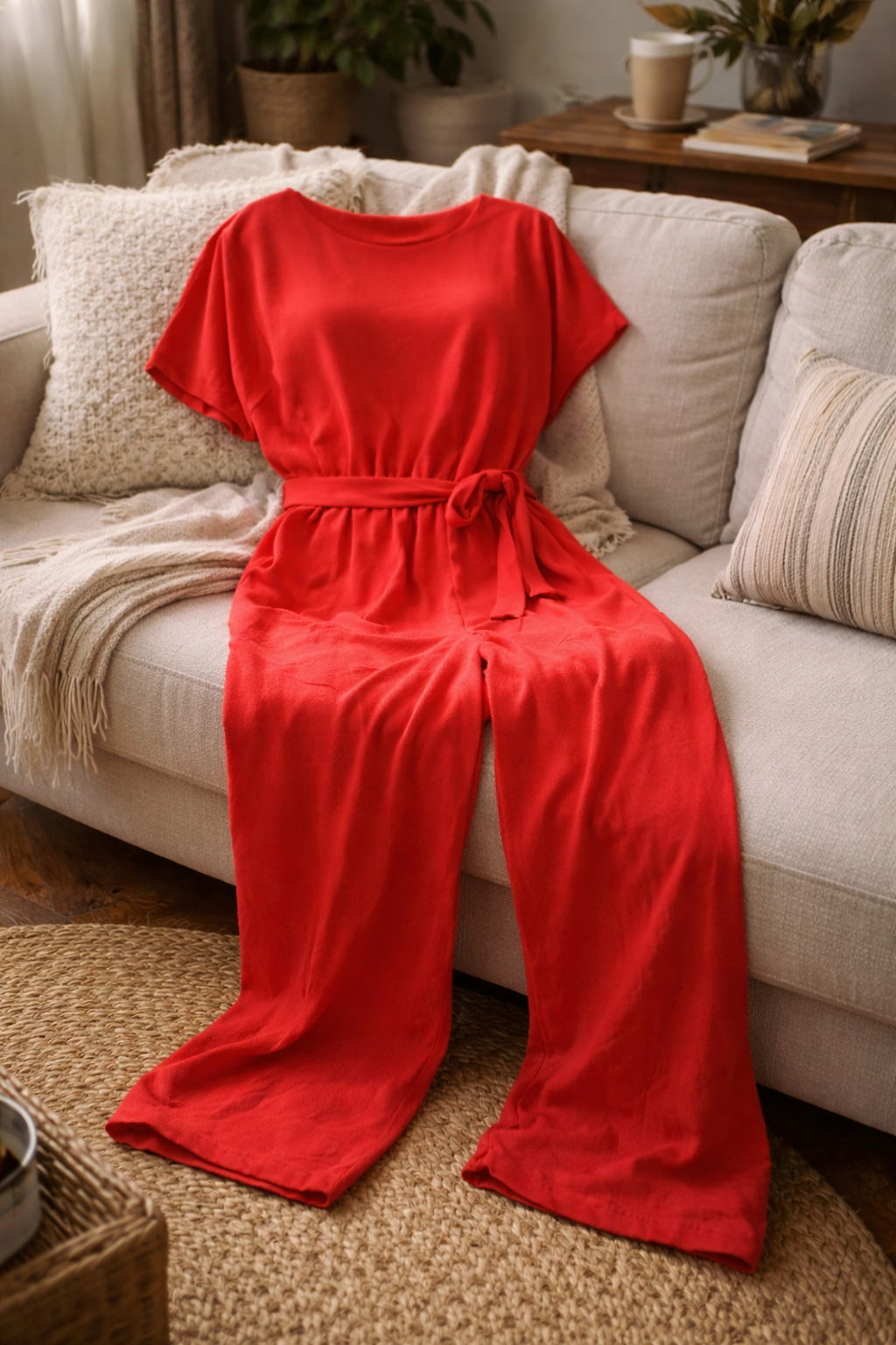 Damen Jumpsuit Regular Fit mit Bindegürtel und weitem Bein