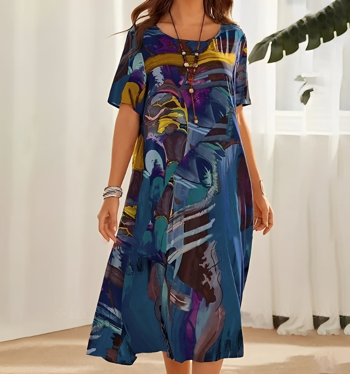 Damen Kleid Relaxed Fit Freizeit Lockerer Schnitt Statement-Print