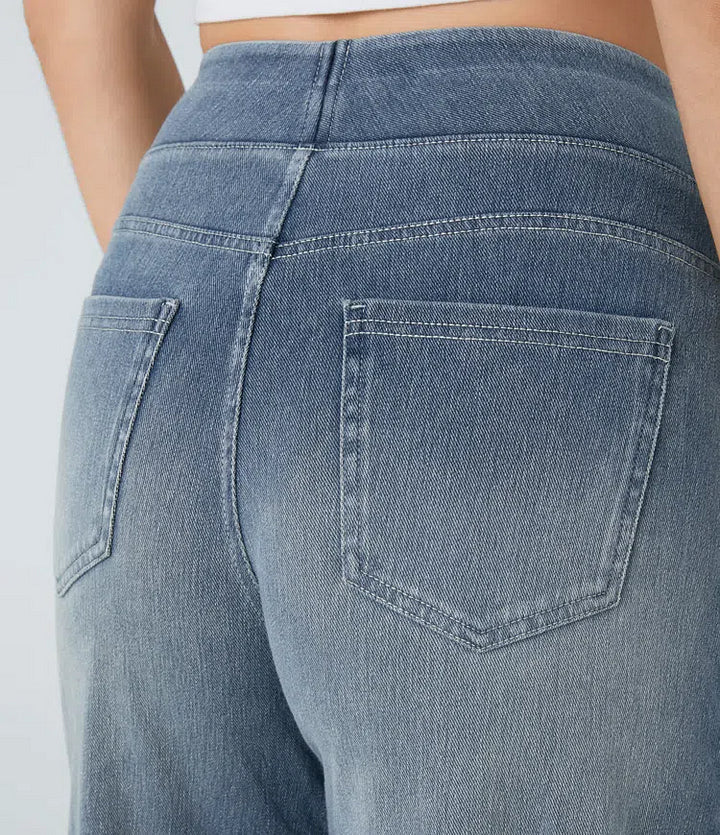 Damen Jeans High Waist Weites Bein Elastischer Bund Freizeit