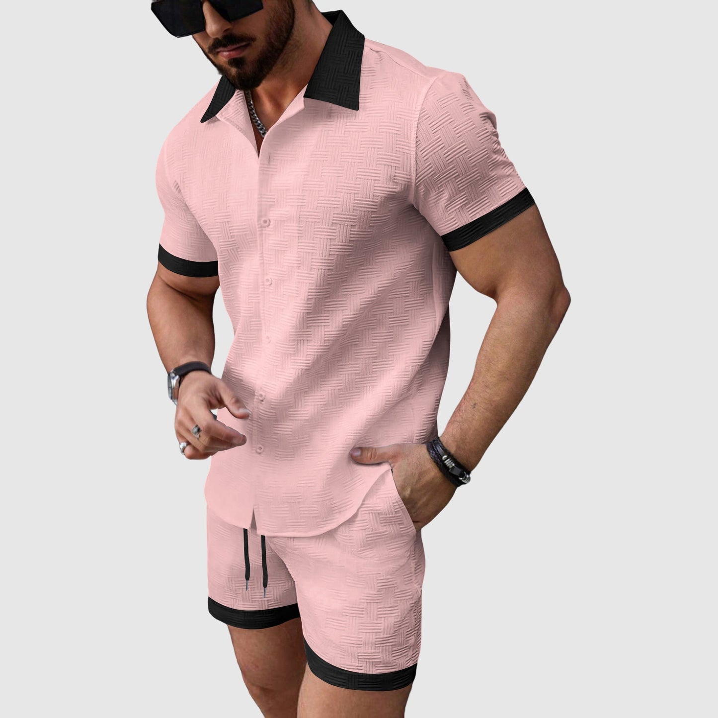 Herren Freizeitset Slim Fit mit Kurzarmhemd und Shorts Sommer