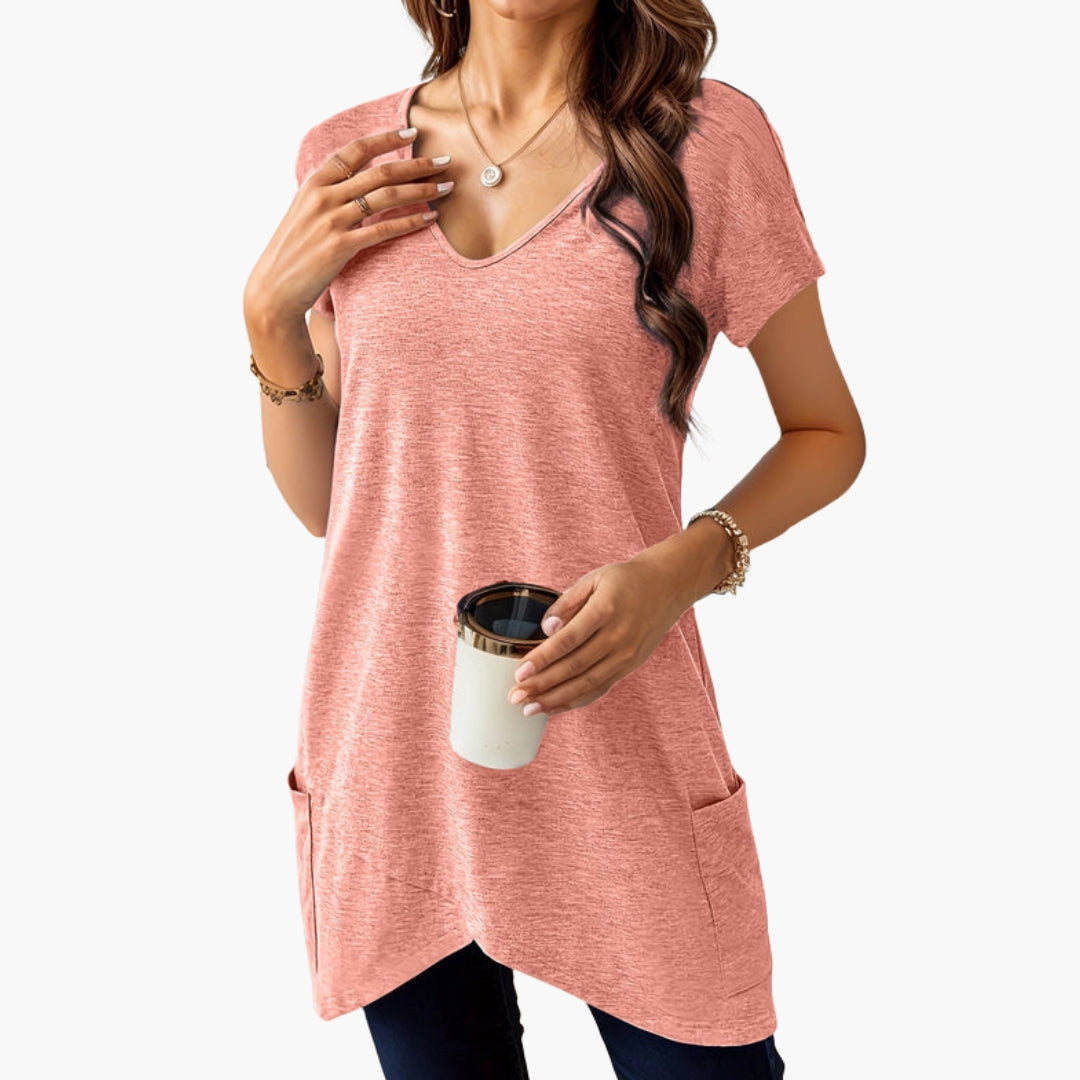 Damen T-Shirt V-Ausschnitt Regular Fit Freizeit mit Seitentaschen
