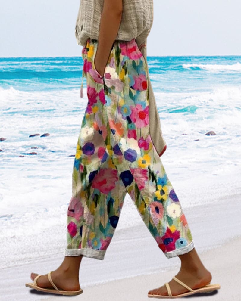 Damen Hose Blumenprint Relaxed Fit Freizeit mit Taschen