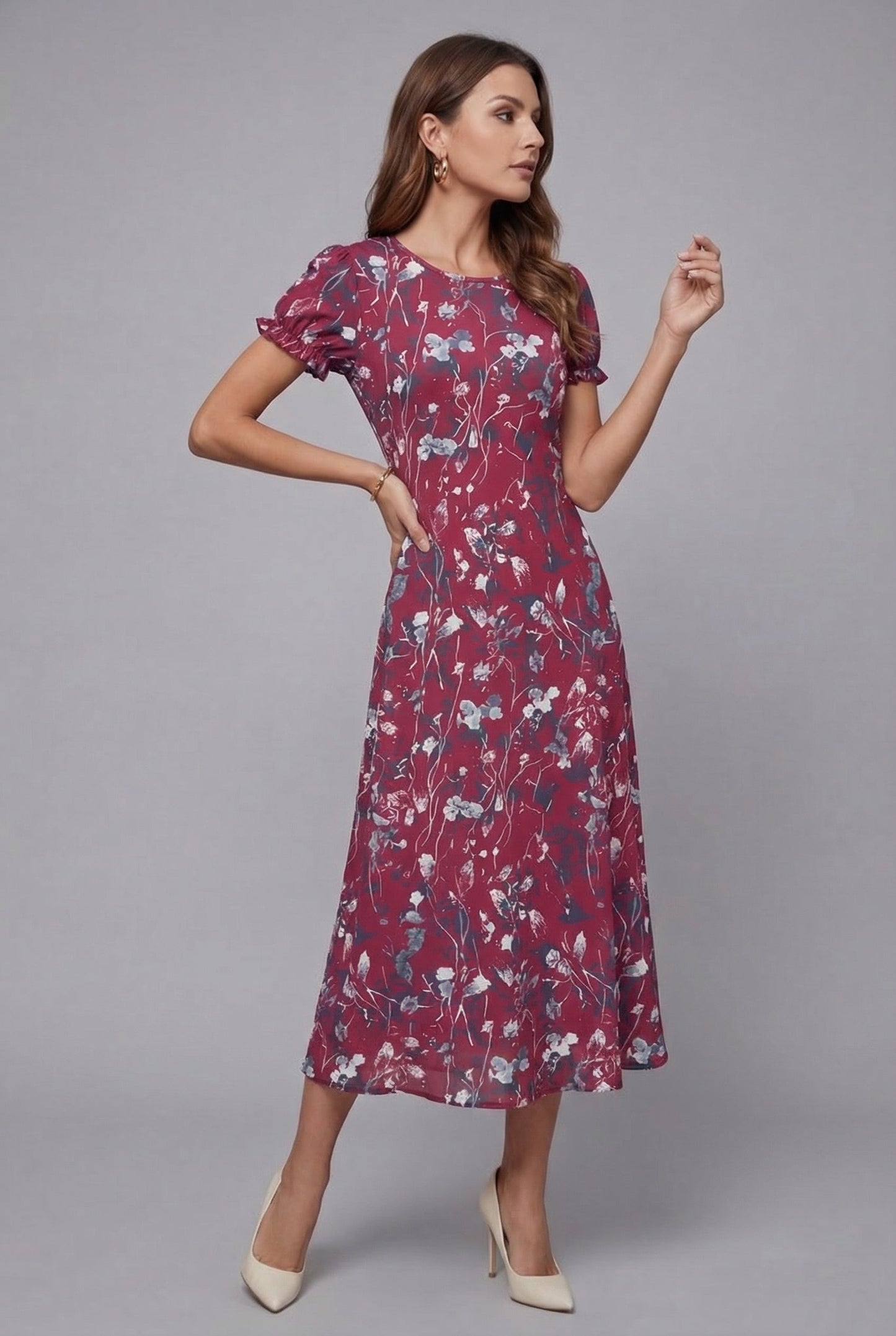 Damen Midikleid Relaxed Fit Sommer Elegant mit Blumenprint
