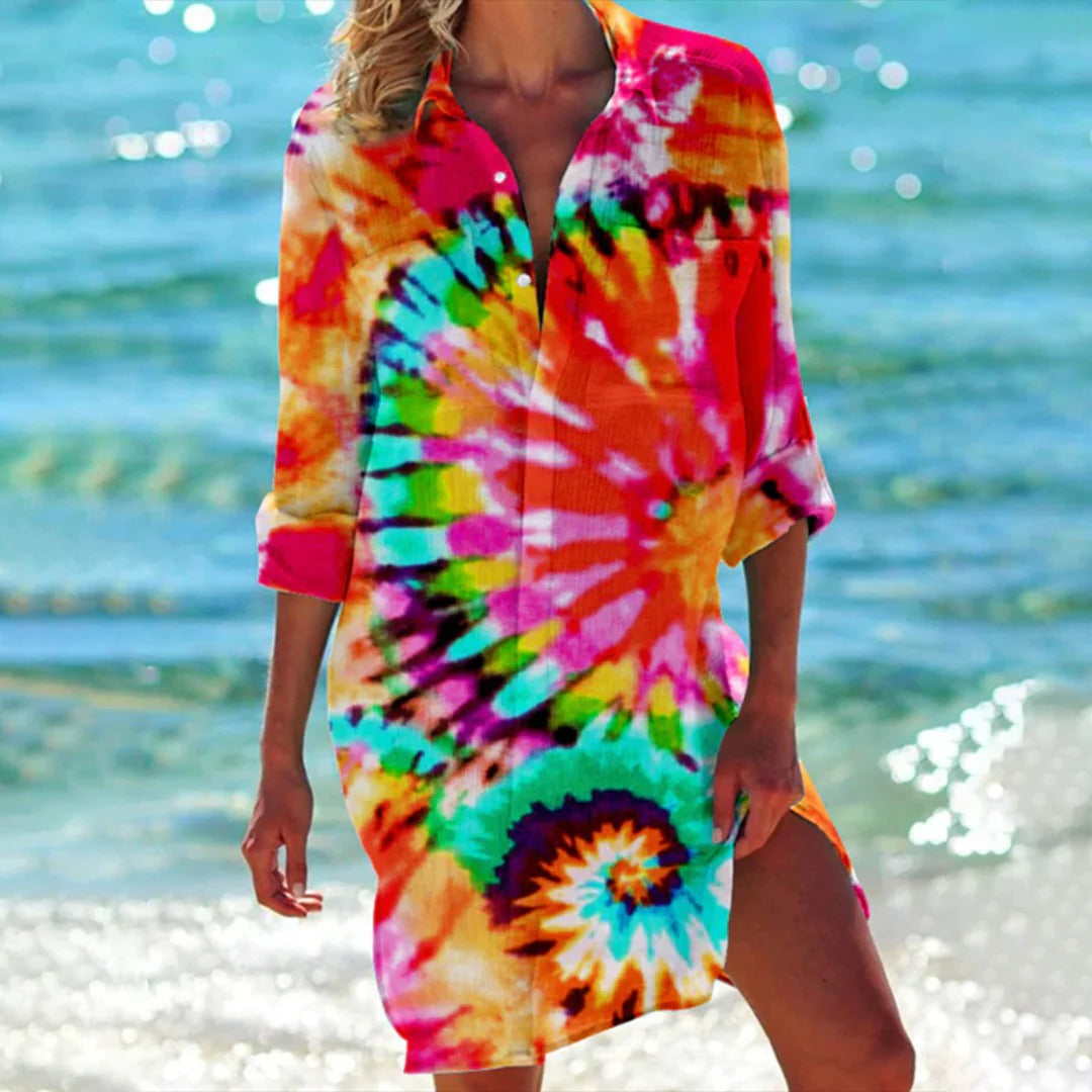 Damen Hemdkleid Tropischer Druck Leicht Sommer Freizeit Strand