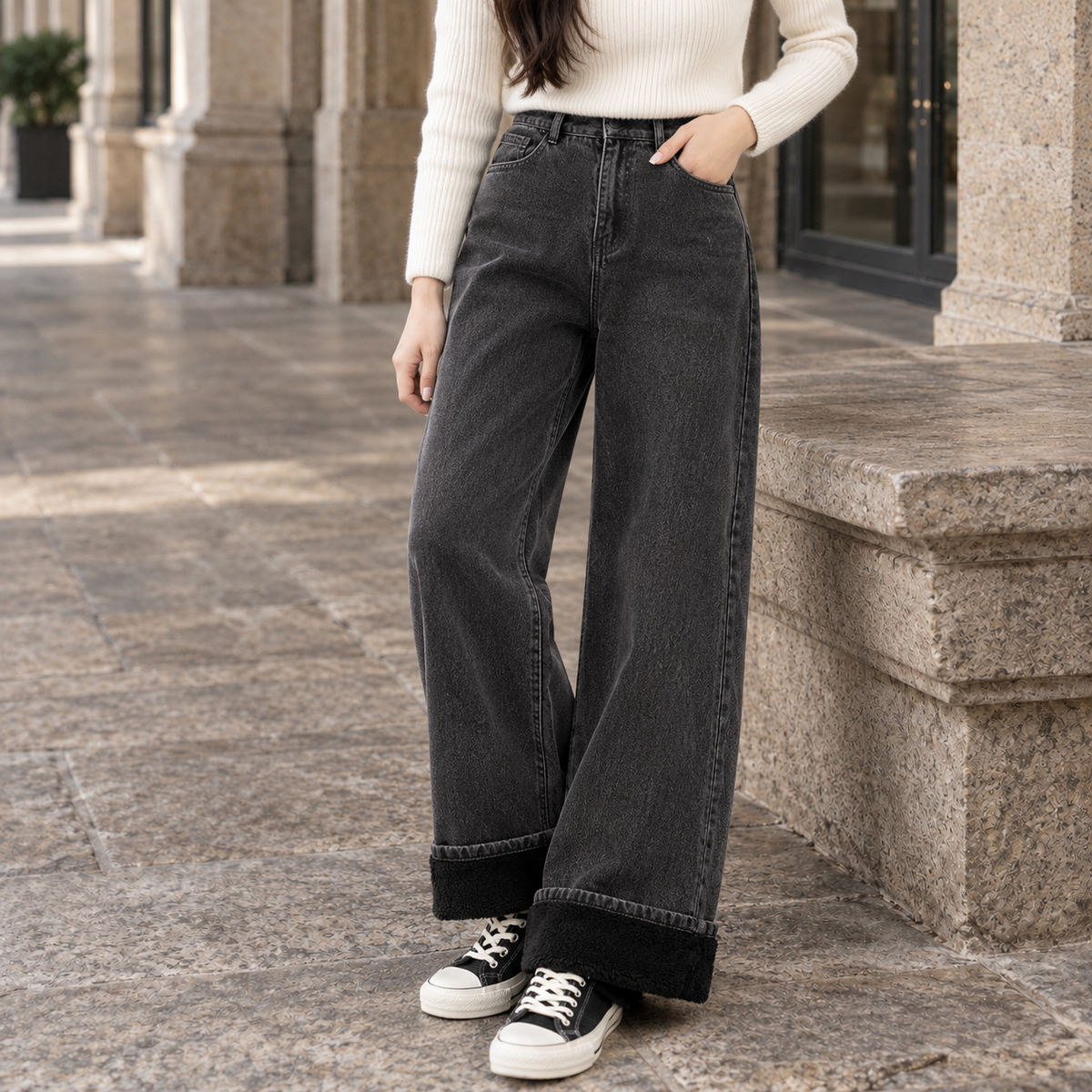 Damen Fleecegefütterte Jeans Relaxed Fit Freizeit Winter