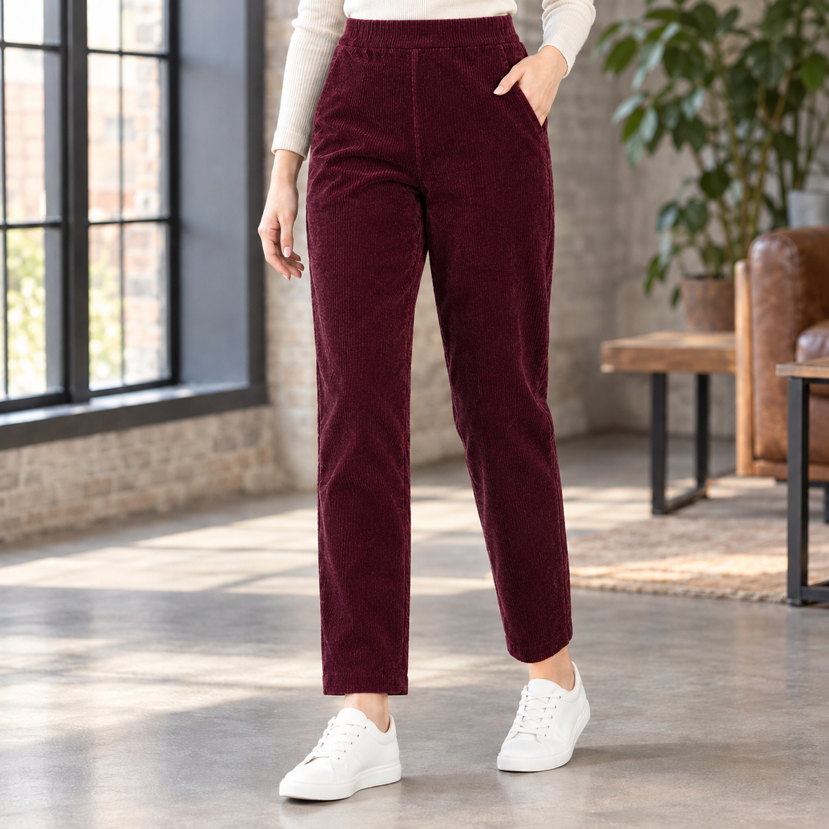Damen Slim Fit Hose Freizeit Cord mit Fleecefutter