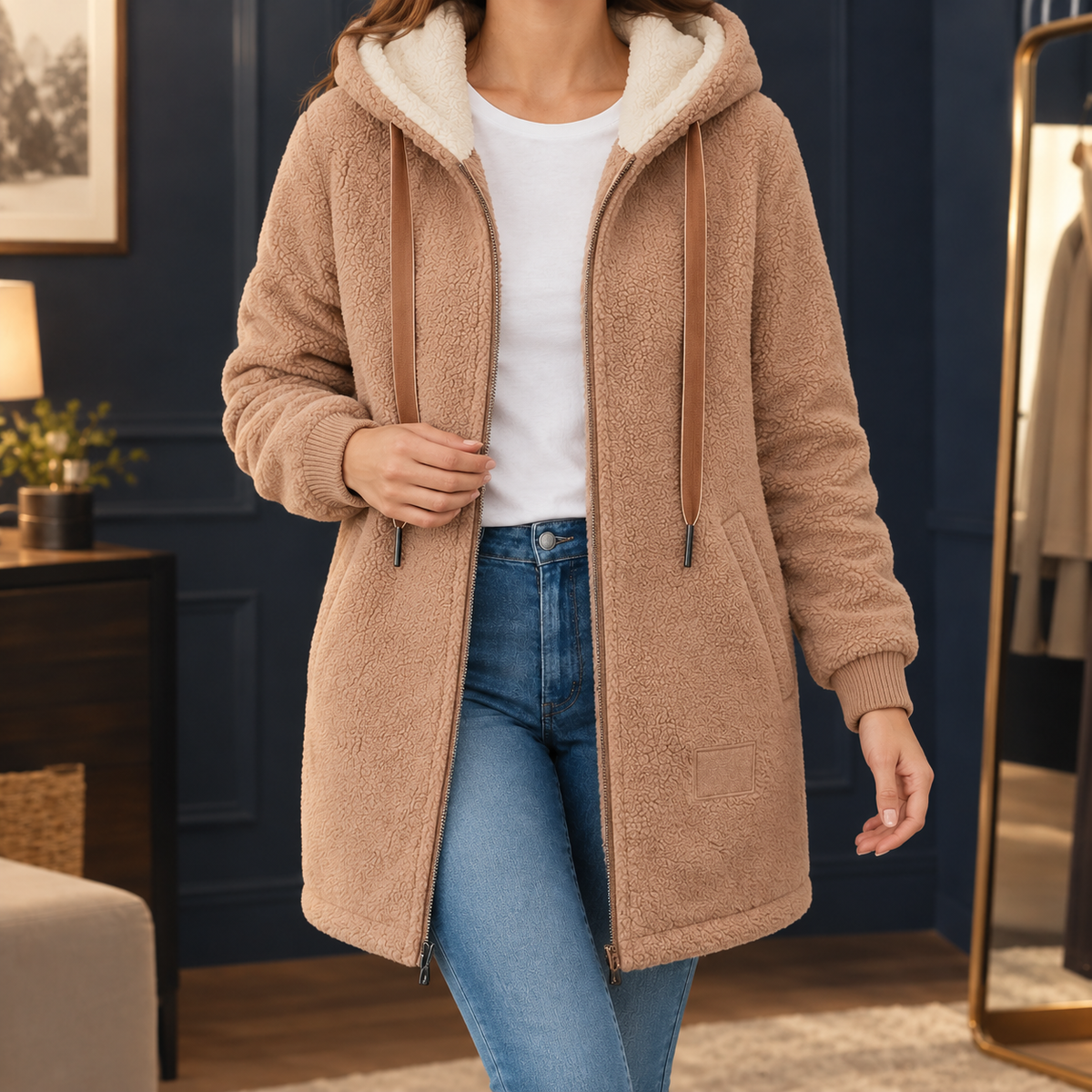 Damen Fleecejacke Kapuze Relaxed Fit Freizeit