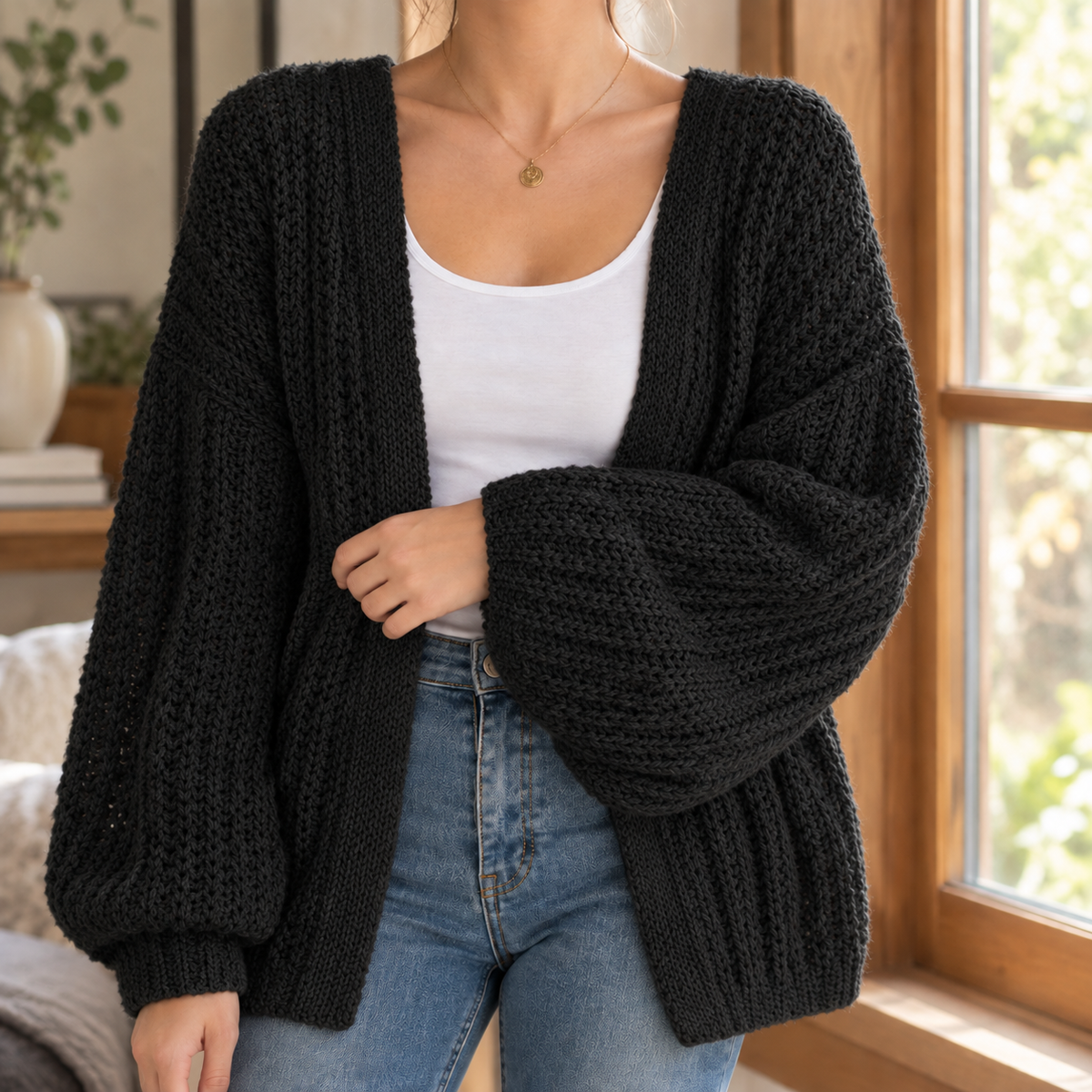 Damen Strickjacke Oversize Casual mit Ballonärmeln