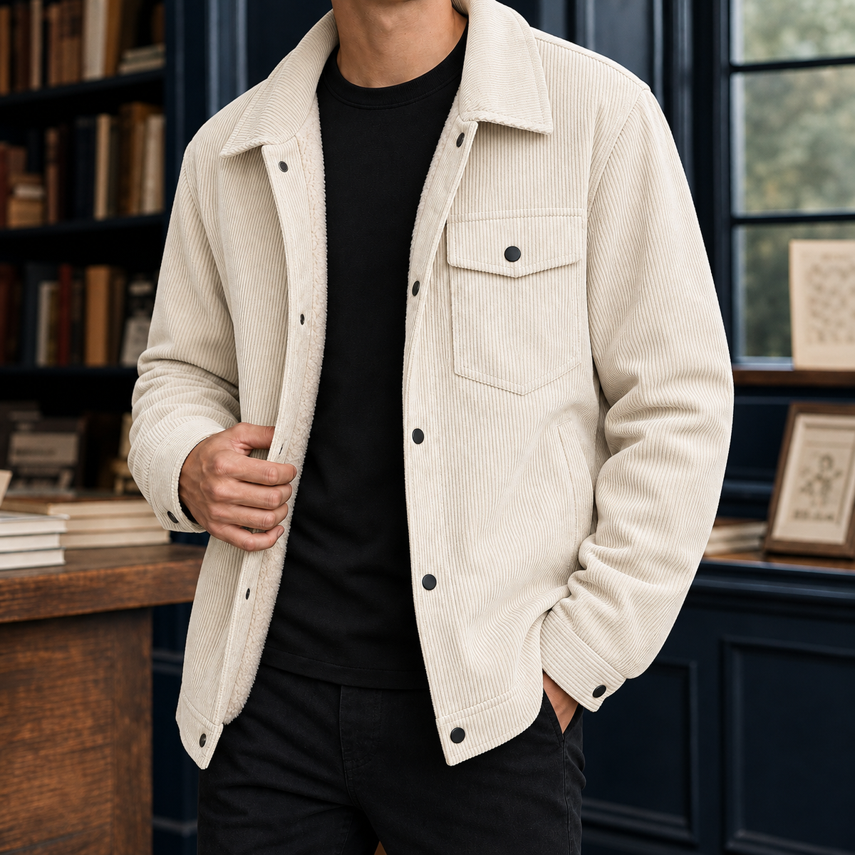Herren Cordjacke Relaxed Fit Freizeit mit Druckknöpfen