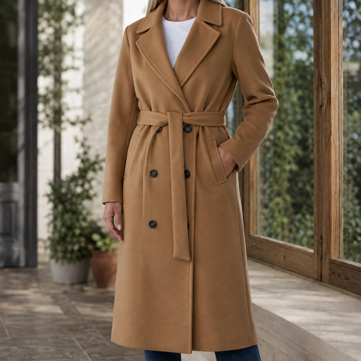 Damen Gürtelmantel Slim Fit Business Elegant knielang