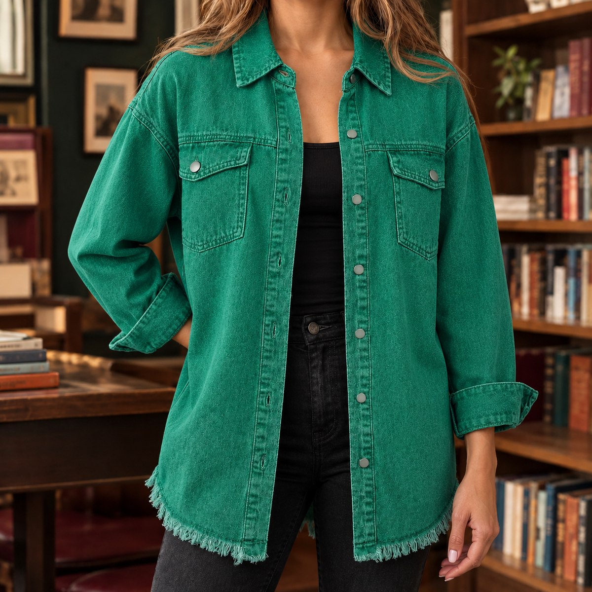 Damen Overshirt Relaxed Fit Freizeit mit Fransenabschluss