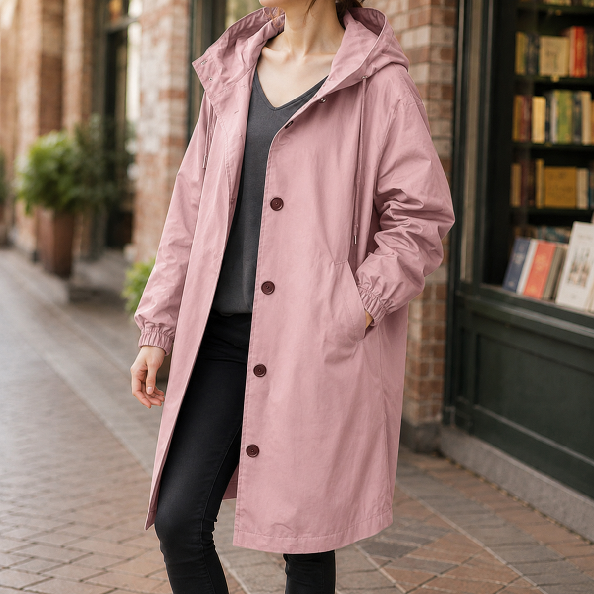 Damen Kapuzenmantel Relaxed Fit Freizeit knielang