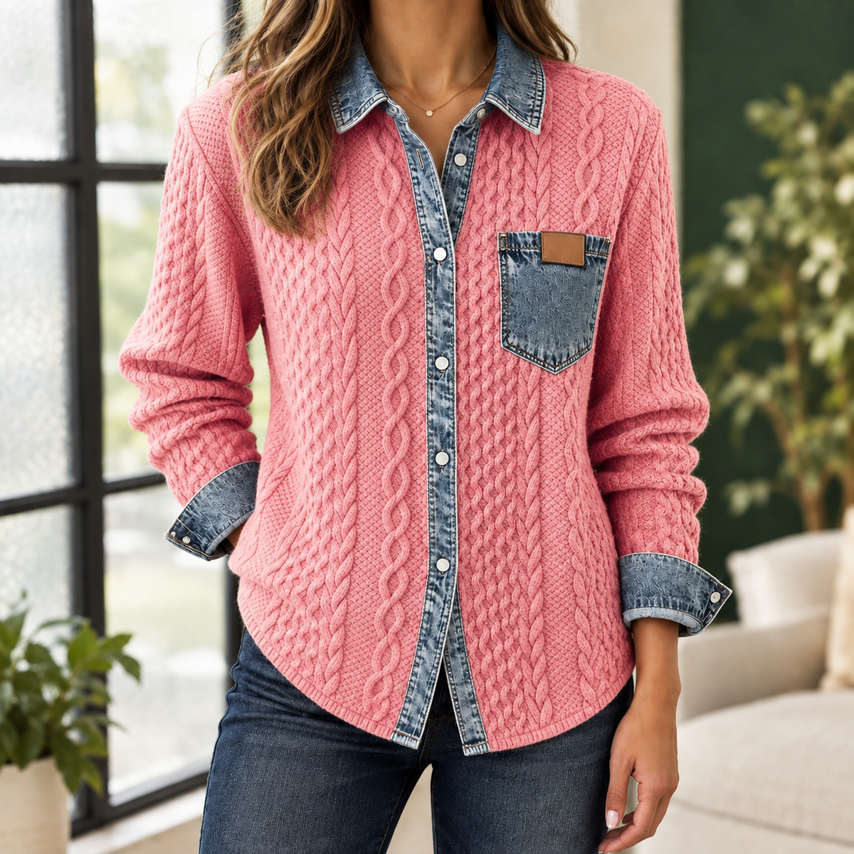 Maria - Damen Overshirt Relaxed Fit Casual mit Strick und Denimkragen