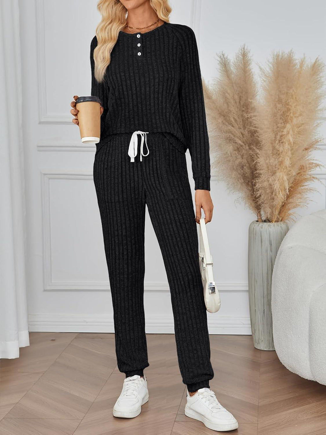 Damen Rippenstrukturiertes zweiteiliges Set Freizeit Regular Fit