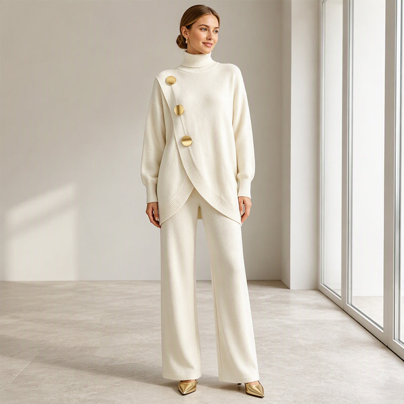 Zaria I Damen Oversize Strickset Casual mit asymmetrischem Knopfoberteil und weitem Bein