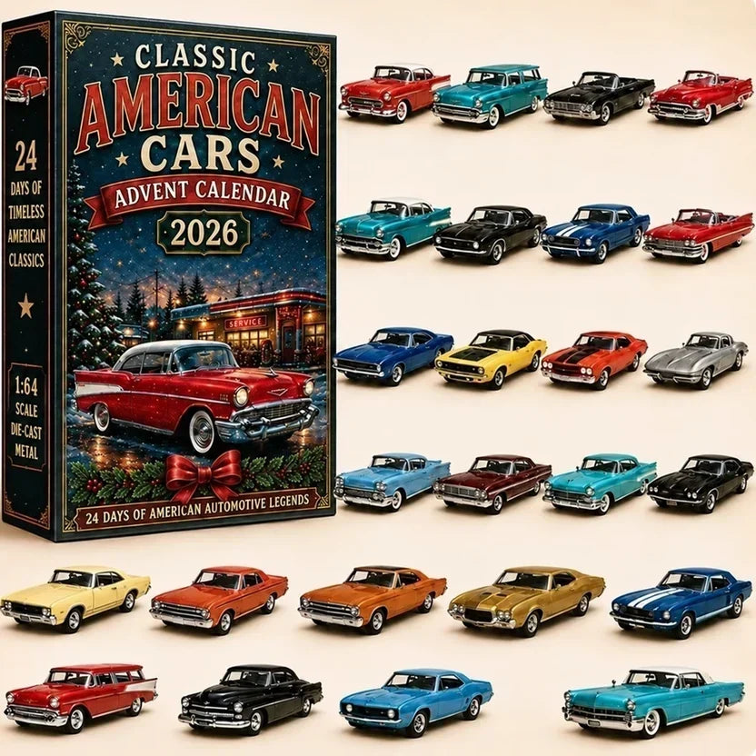 Adventskalender mit 24 klassischen Miniaturautos und Motorrädern