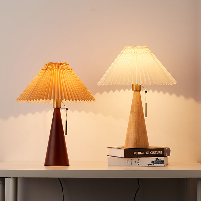 Minimalistische LED-Tischlampe Holz Plissee Stoffschirm Wohnzimmer