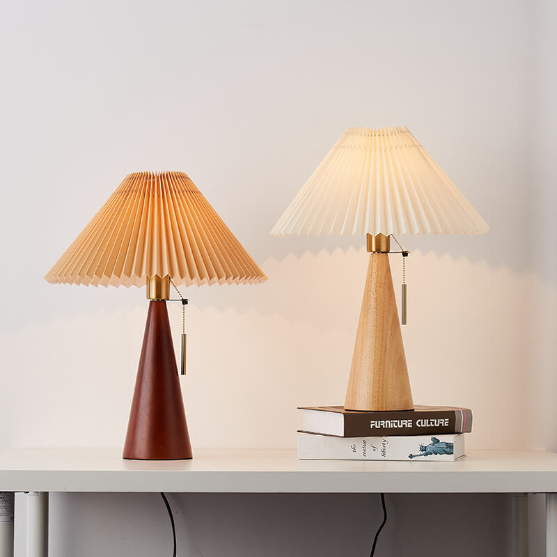 Minimalistische LED-Tischlampe Holz Plissee Stoffschirm Wohnzimmer