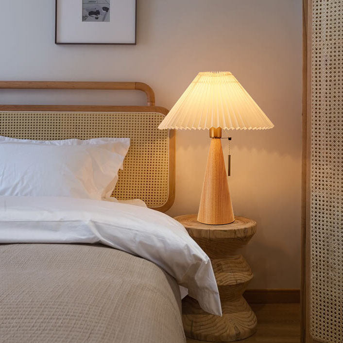 Minimalistische LED-Tischlampe Holz Plissee Stoffschirm Wohnzimmer