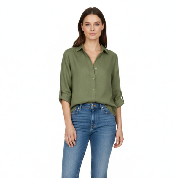Bluse Damen Lässig Weit 3/4-Ärmel Schlitzkragen Casual