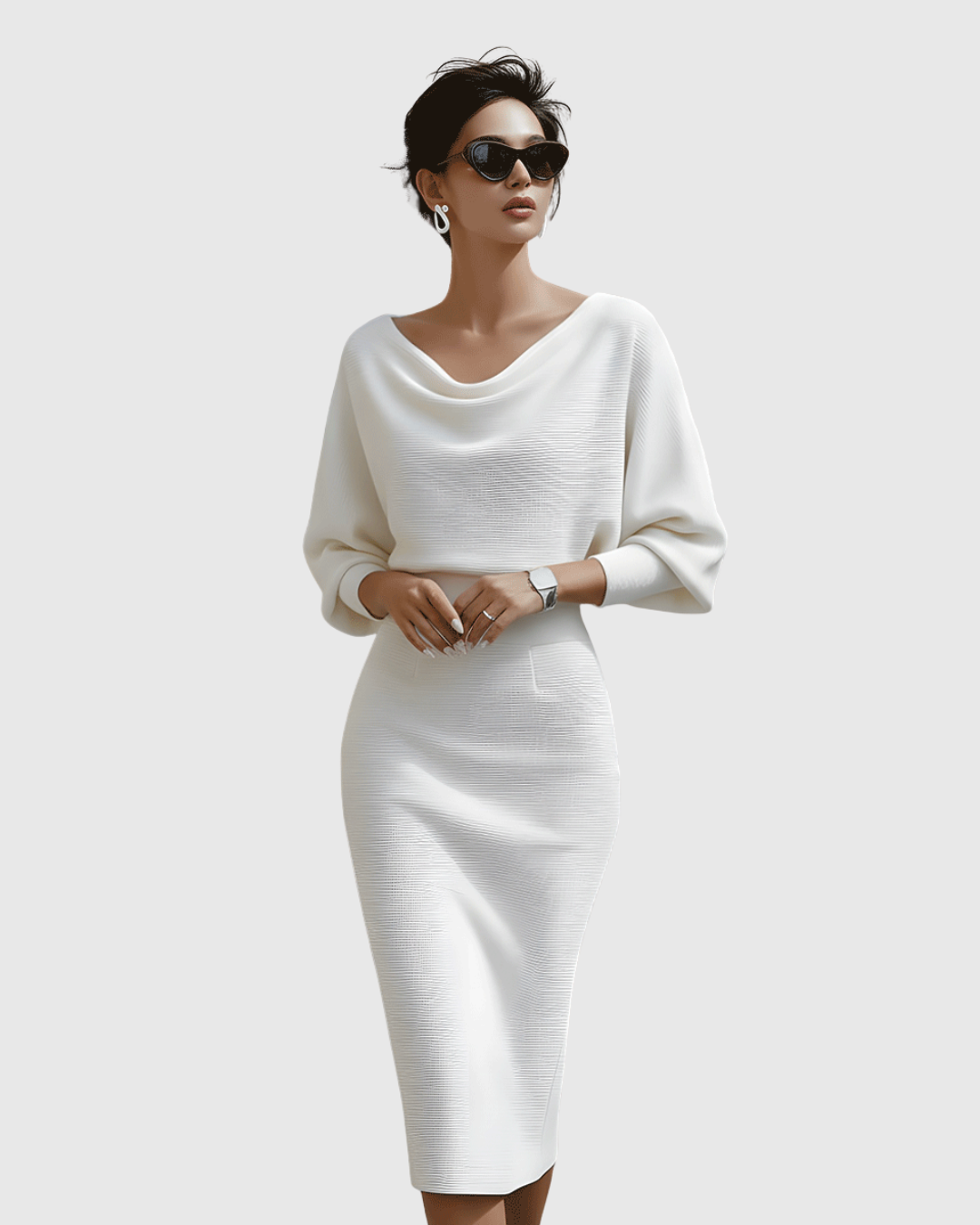 Drapiertes Batwing Midi-Kleid Damen Regular Fit Elegant