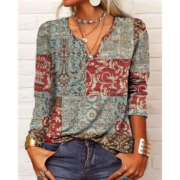 Damen Bluse Mehrfarbig Boho Stil Langarm V-Ausschnitt