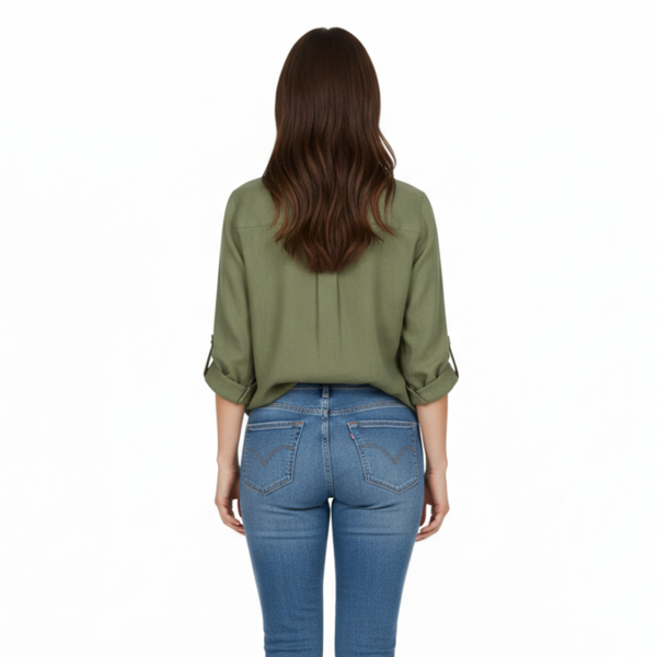 Bluse Damen Lässig Weit 3/4-Ärmel Schlitzkragen Casual