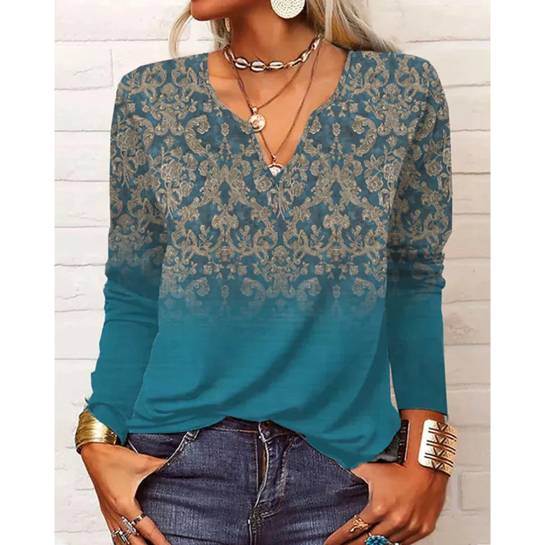 Damen Bluse Mehrfarbig Boho Stil Langarm V-Ausschnitt