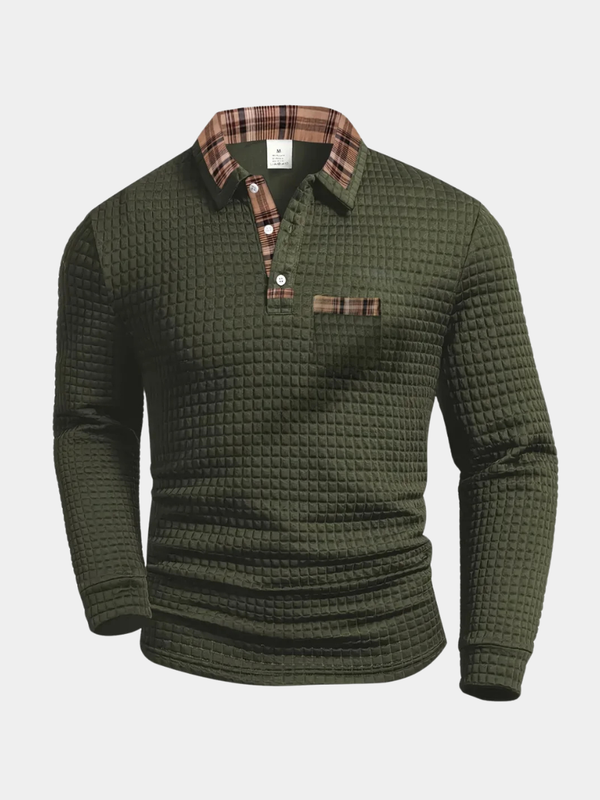 Polo homme gaufré manches longues col à carreaux I Léger