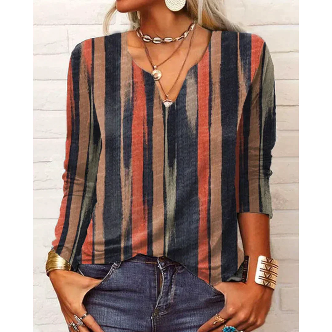 Damen Bluse Mehrfarbig Boho Stil Langarm V-Ausschnitt