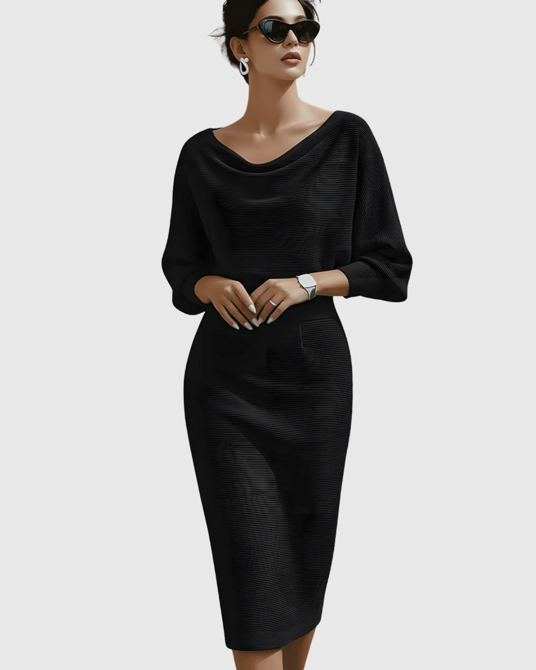 Drapiertes Batwing Midi-Kleid Damen Regular Fit Elegant