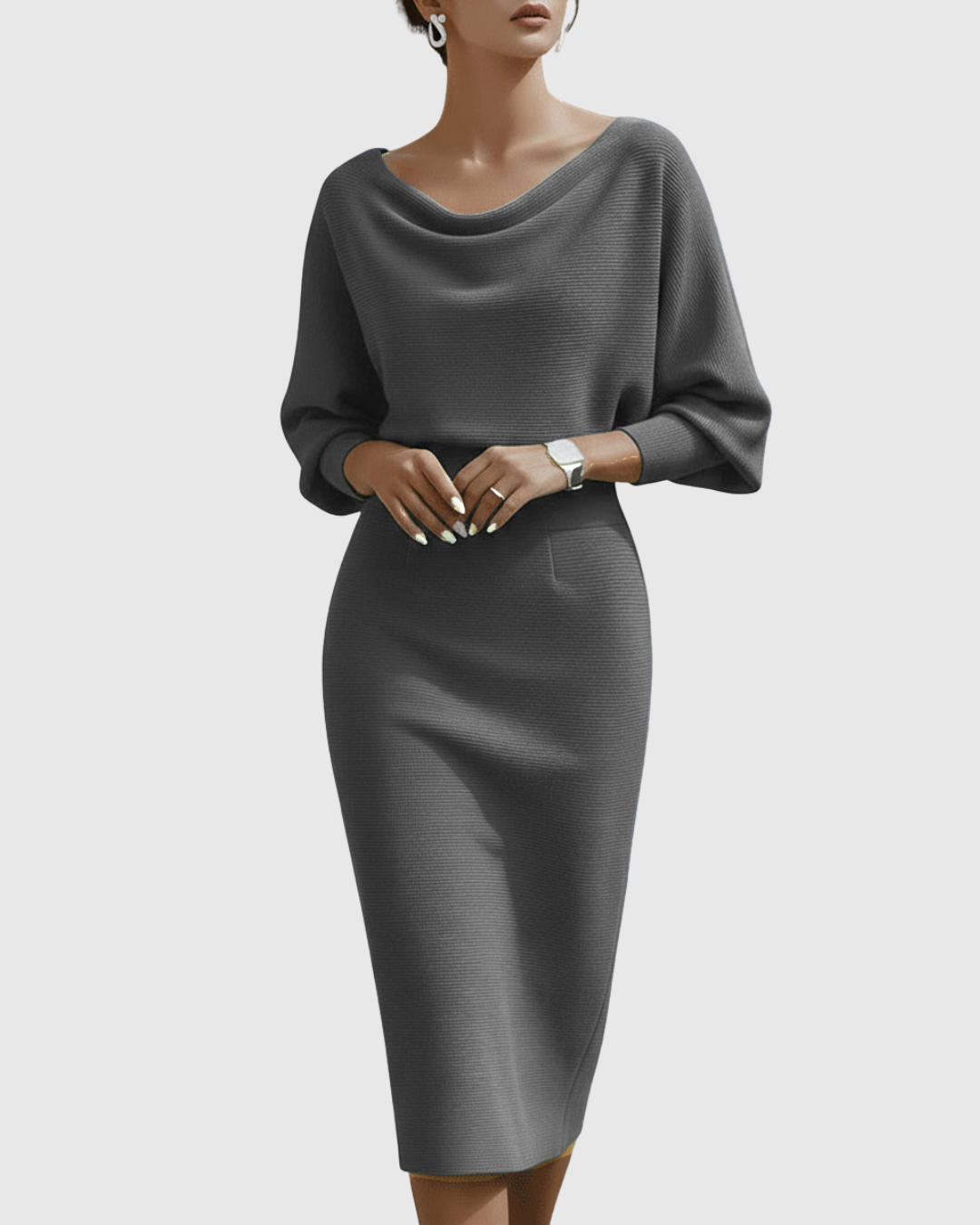 Drapiertes Batwing Midi-Kleid Damen Regular Fit Elegant
