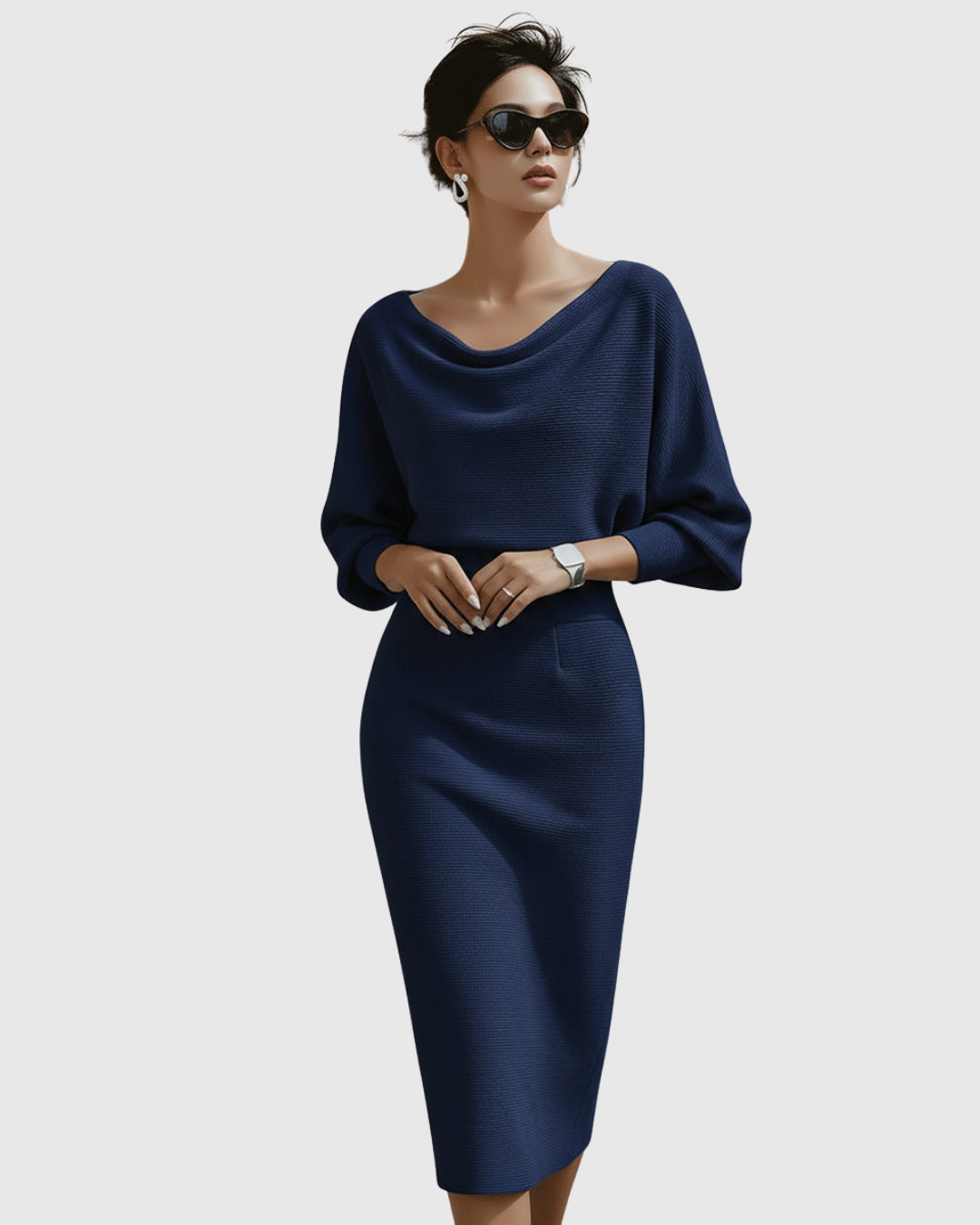 Drapiertes Batwing Midi-Kleid Damen Regular Fit Elegant