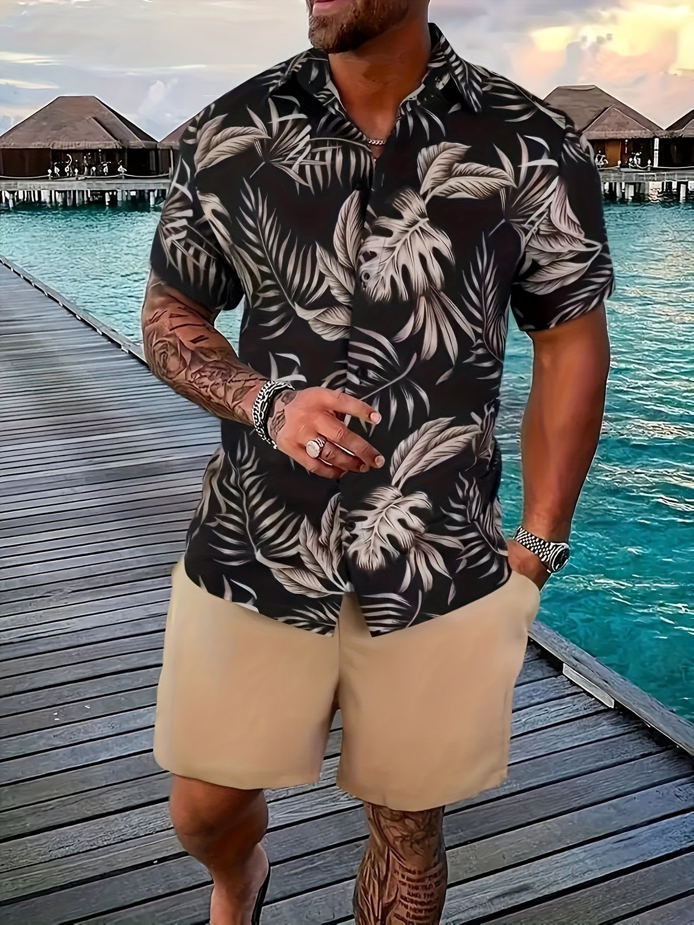 Hugh | Herren Sommer Set Relaxed Fit Freizeit Kurzarmhemd Tropischer Print Shorts