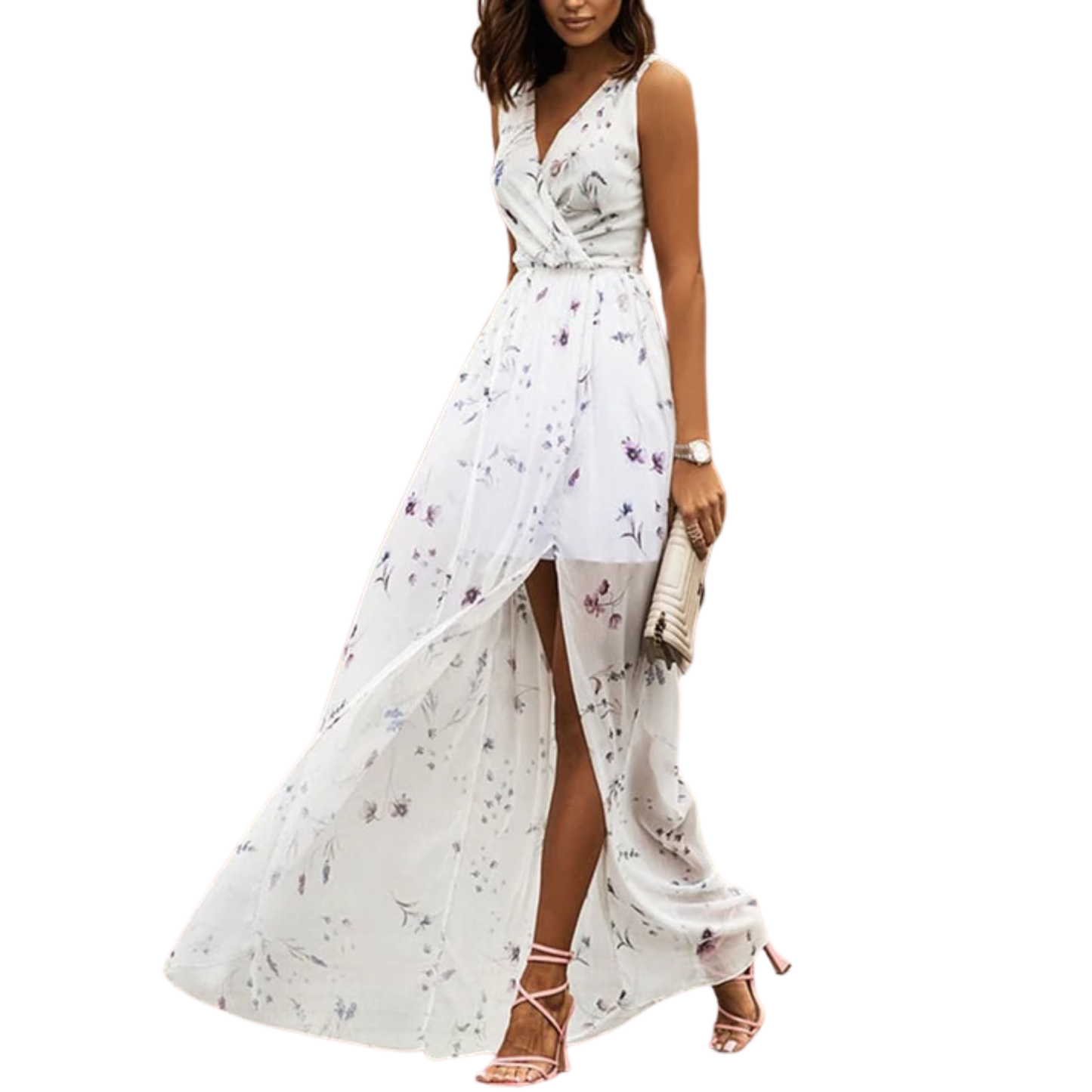 Maxikleid Damen Fließend V-Ausschnitt Seitenschlitz Elegant