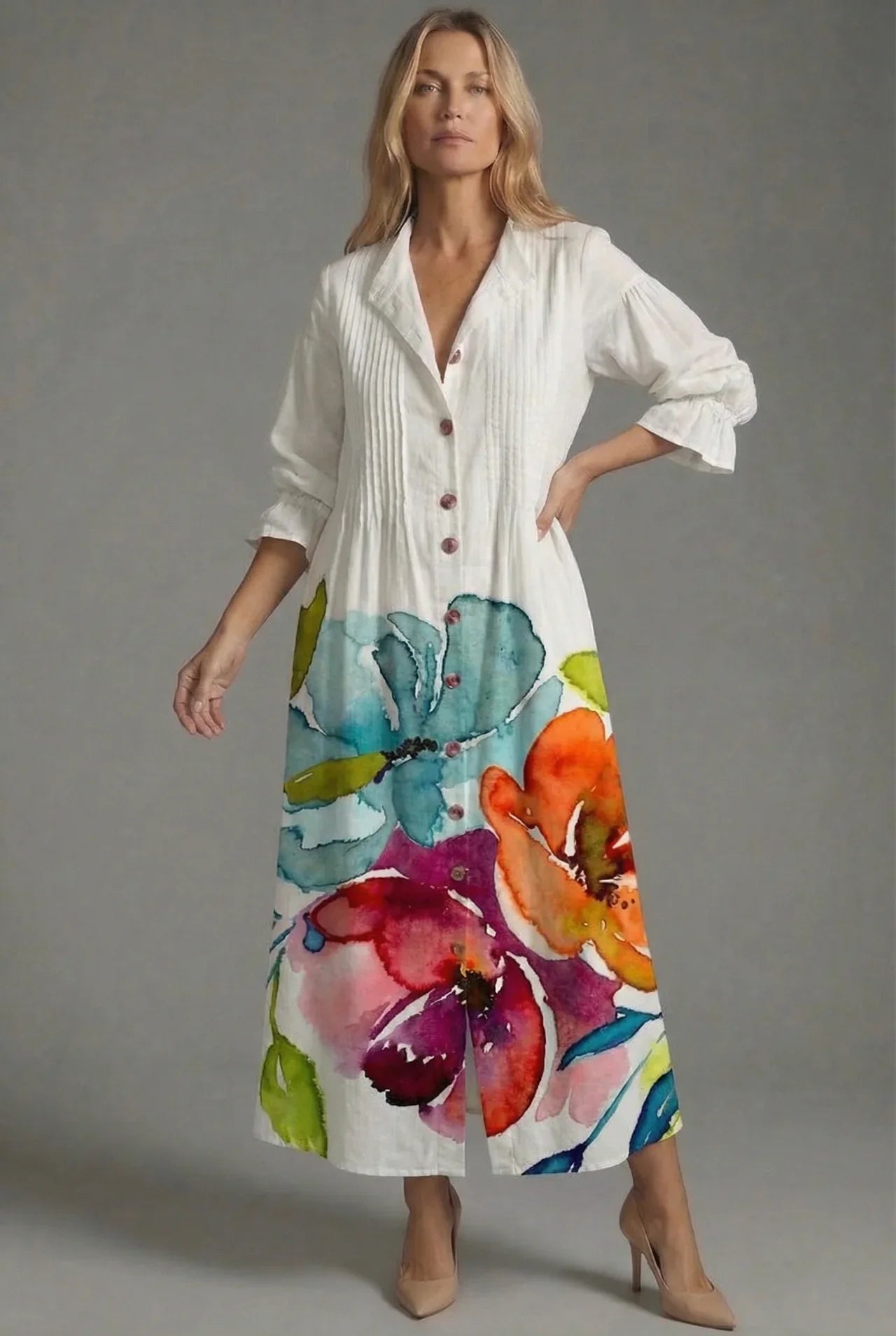 Damen Maxikleid Slim Fit Freizeit Botanischer Blattprint