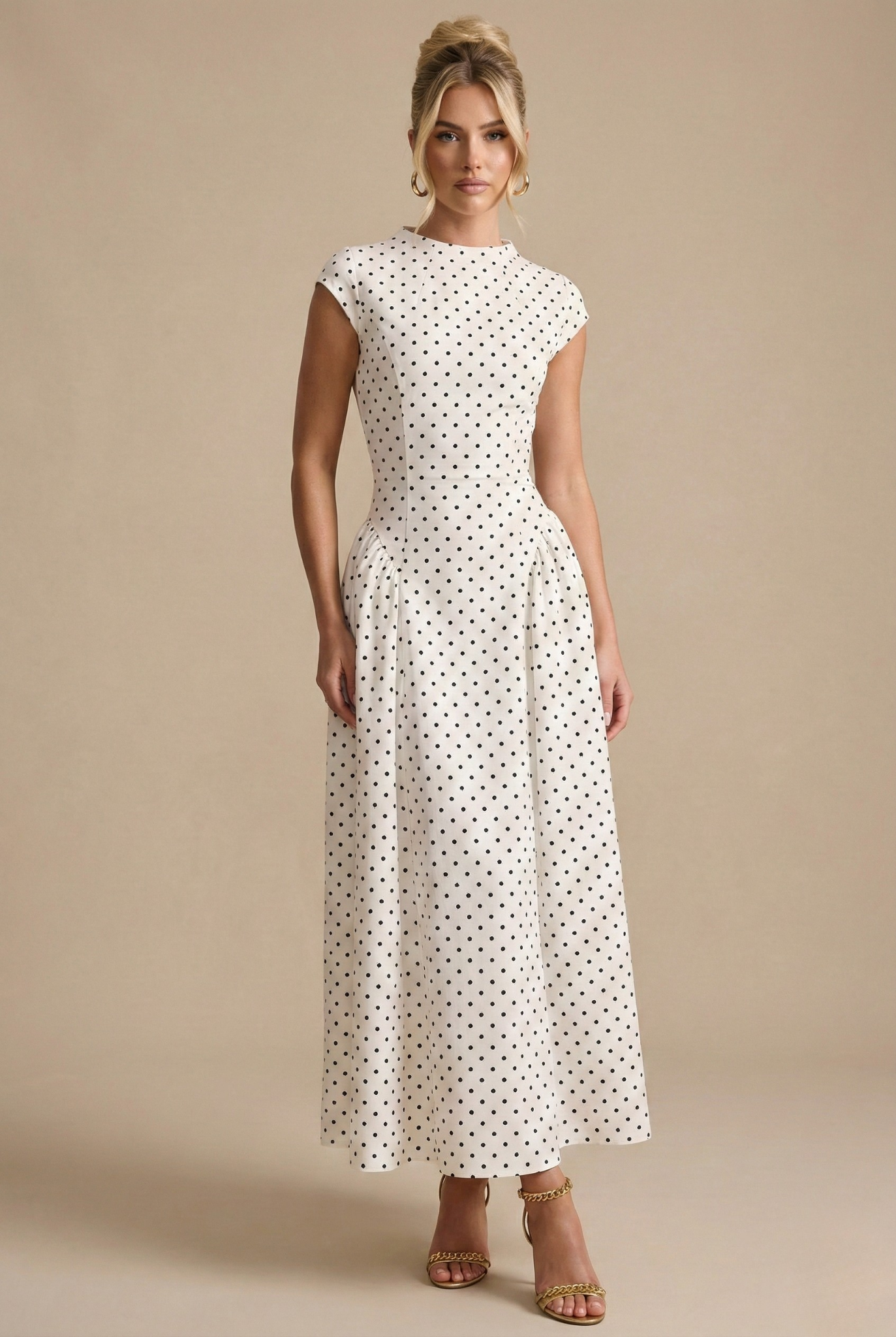 Damen Polka Dot Maxikleid Tailliert Kurzarm Elegant Sommer