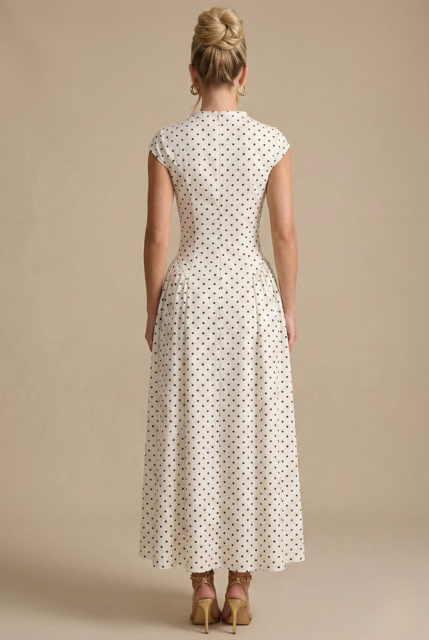 Damen Polka Dot Maxikleid Tailliert Kurzarm Elegant Sommer