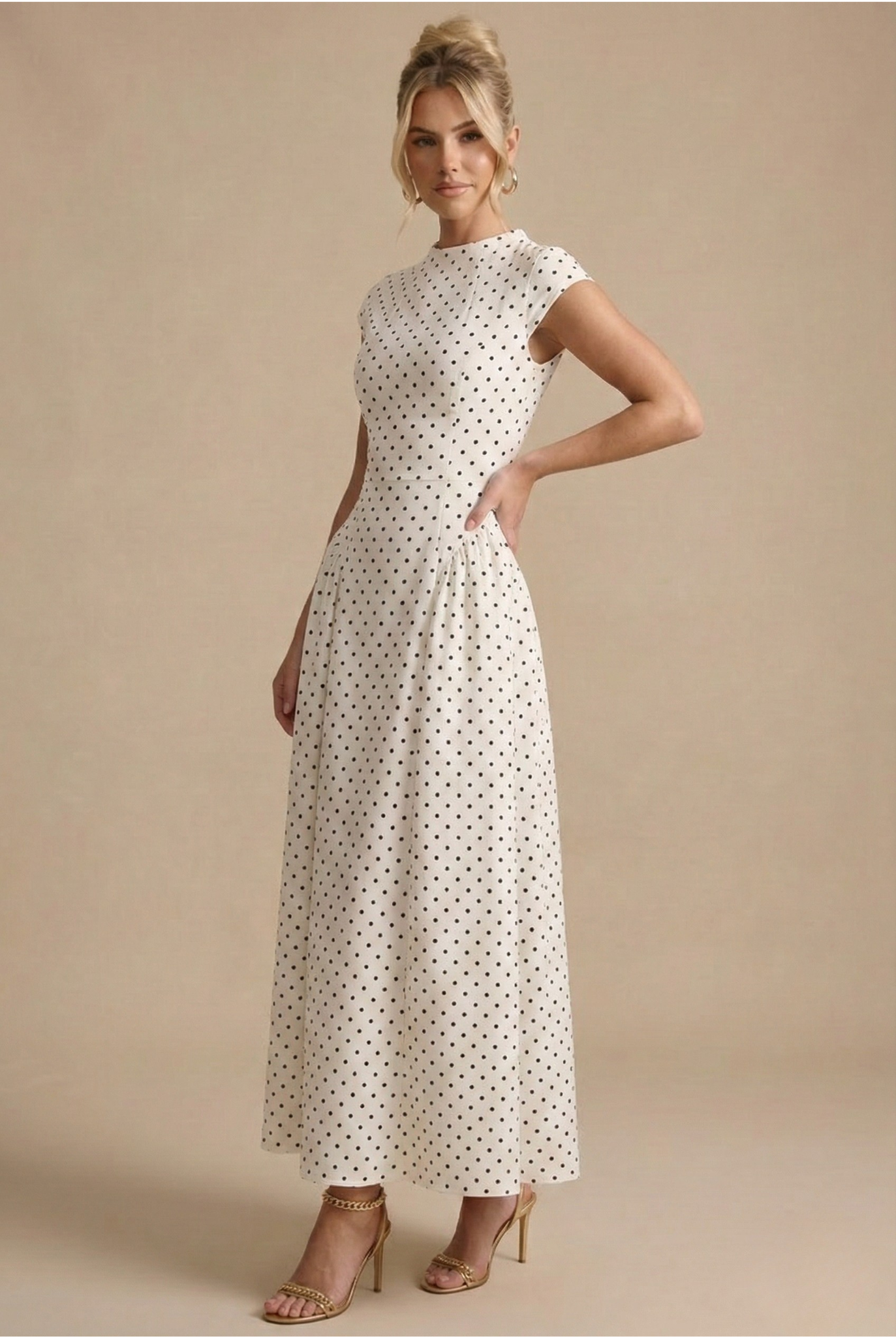 Damen Polka Dot Maxikleid Tailliert Kurzarm Elegant Sommer