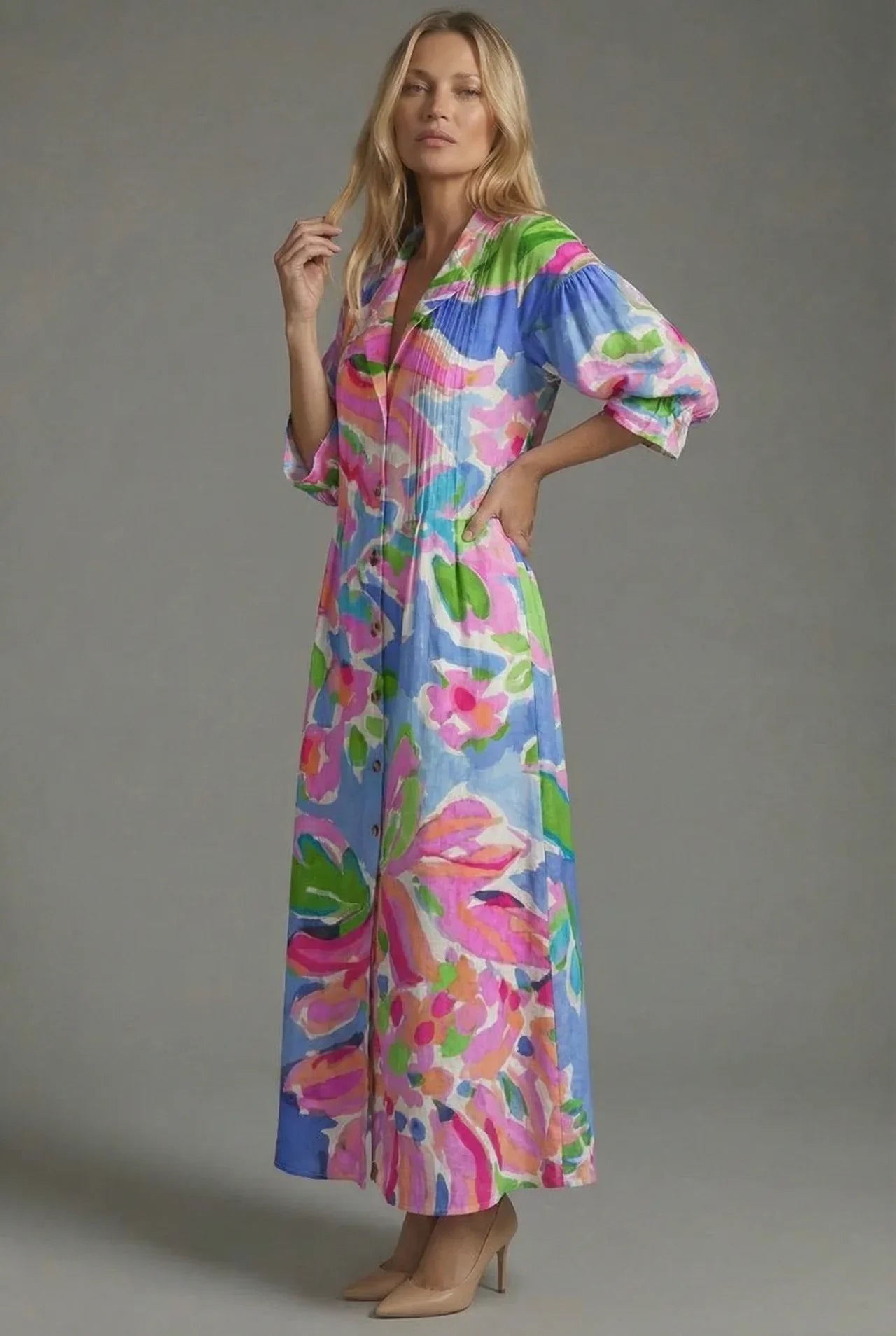 Damen Maxikleid Slim Fit Freizeit Botanischer Blattprint