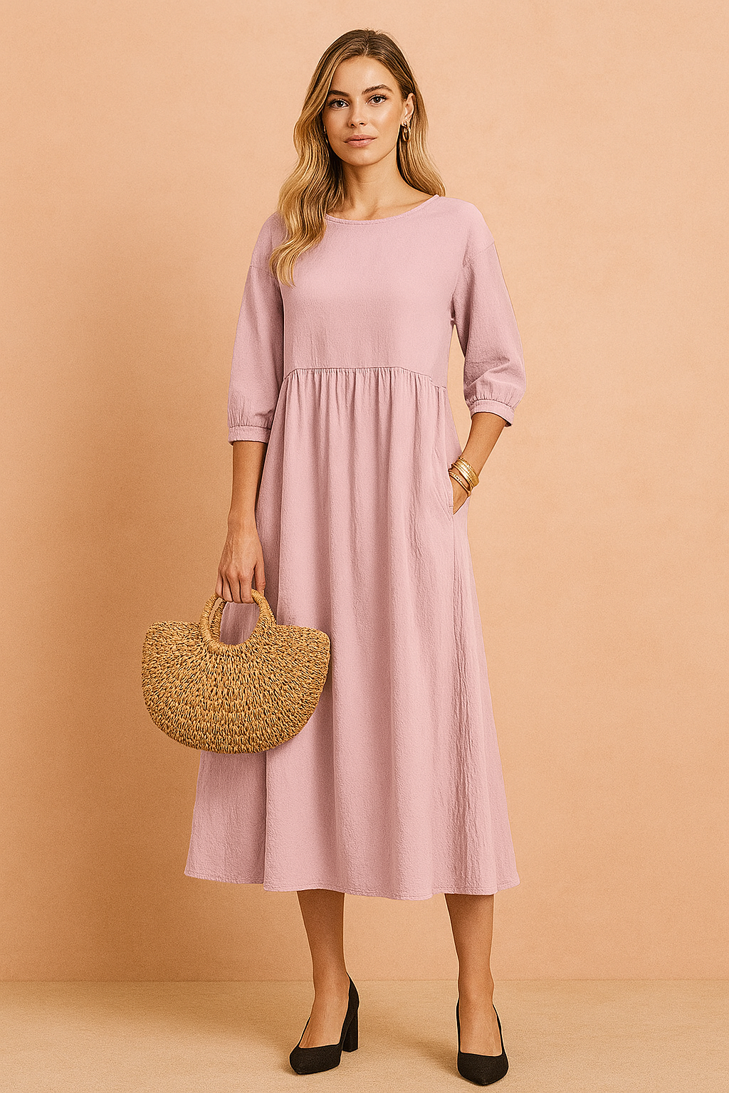 Midi Kleid Damen Elegant 3 4 Ärmel Business & Freizeit