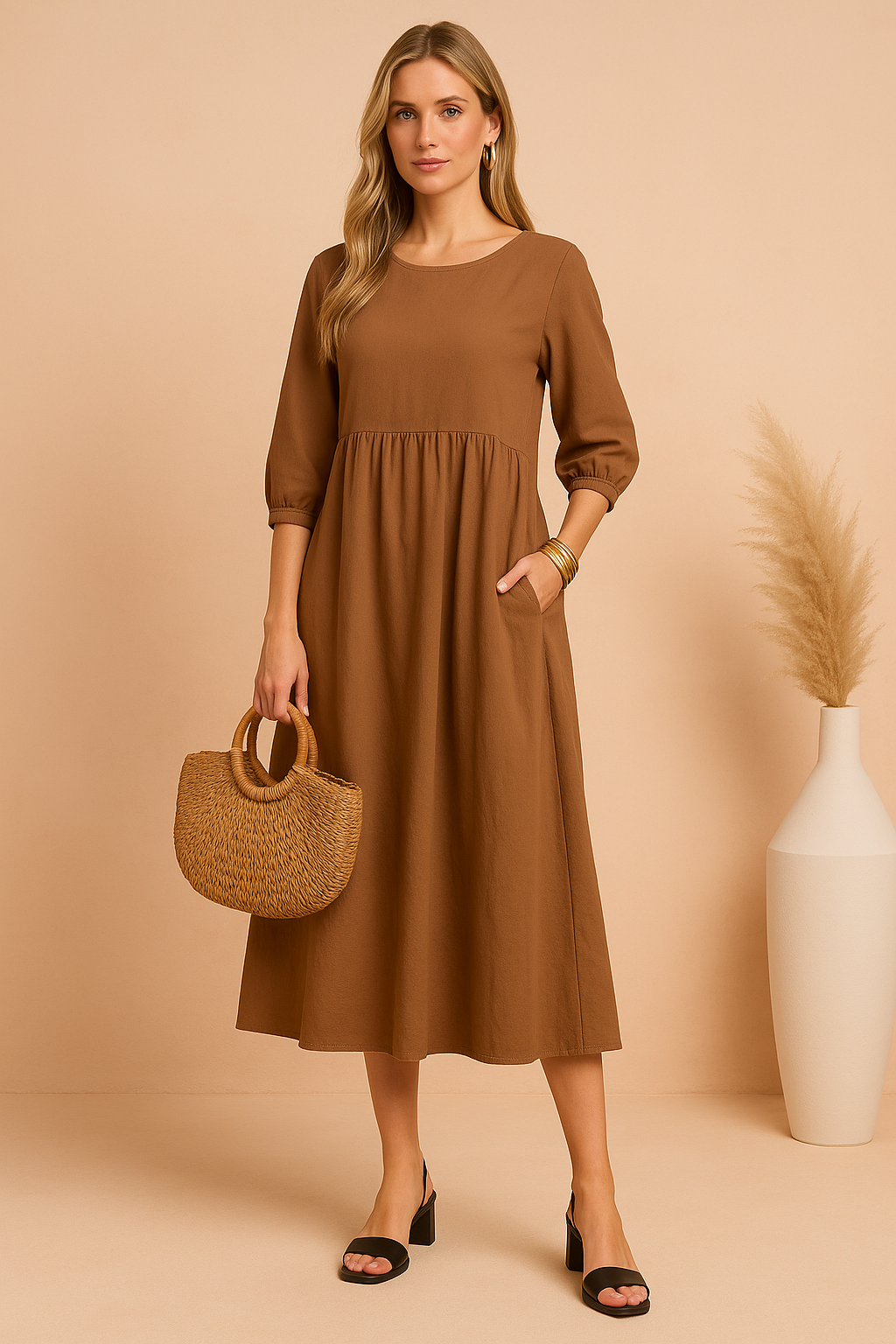 Midi Kleid Damen Elegant 3 4 Ärmel Business & Freizeit