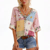 Damen Bluse Patchwork Blumen V-Ausschnitt Lässige Passform Freizeit