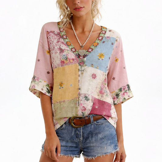 Damen Bluse Patchwork Blumen V-Ausschnitt Lässige Passform Freizeit