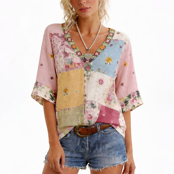 Damen Bluse Patchwork Blumen V-Ausschnitt Lässige Passform Freizeit