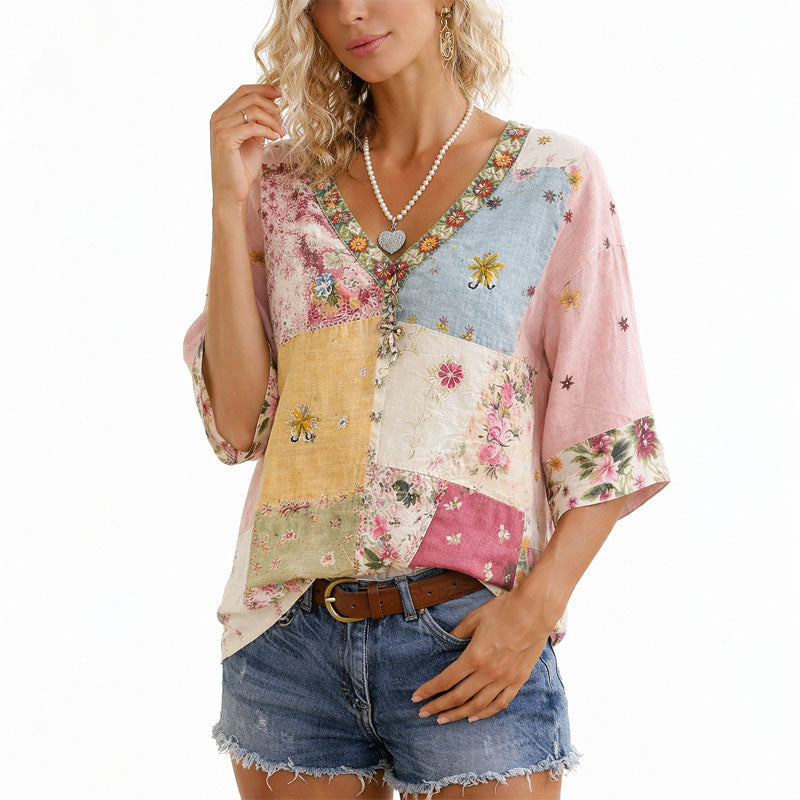 Damen Bluse Patchwork Blumen V-Ausschnitt Lässige Passform Freizeit