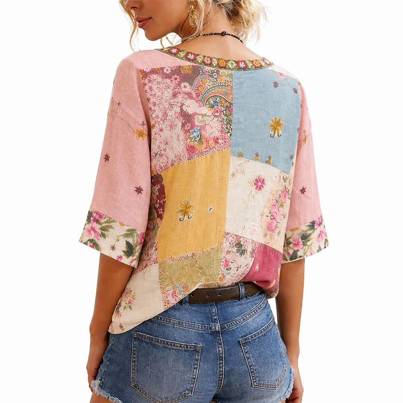 Damen Bluse Patchwork Blumen V-Ausschnitt Lässige Passform Freizeit