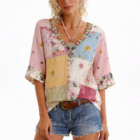 Damen Bluse Patchwork Blumen V-Ausschnitt Lässige Passform Freizeit