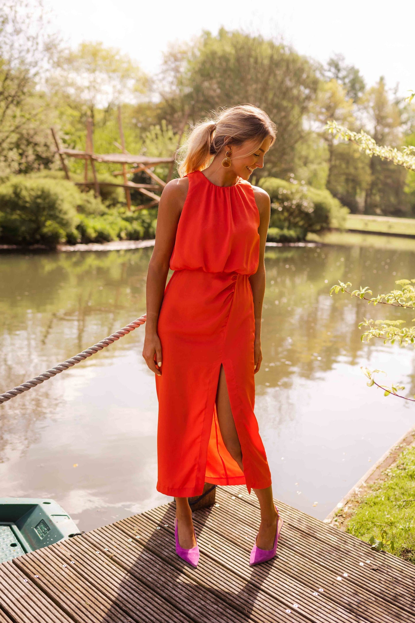 Damen Midikleid Slim Fit Sommer Ärmellos Stehkragen Beinschlitz