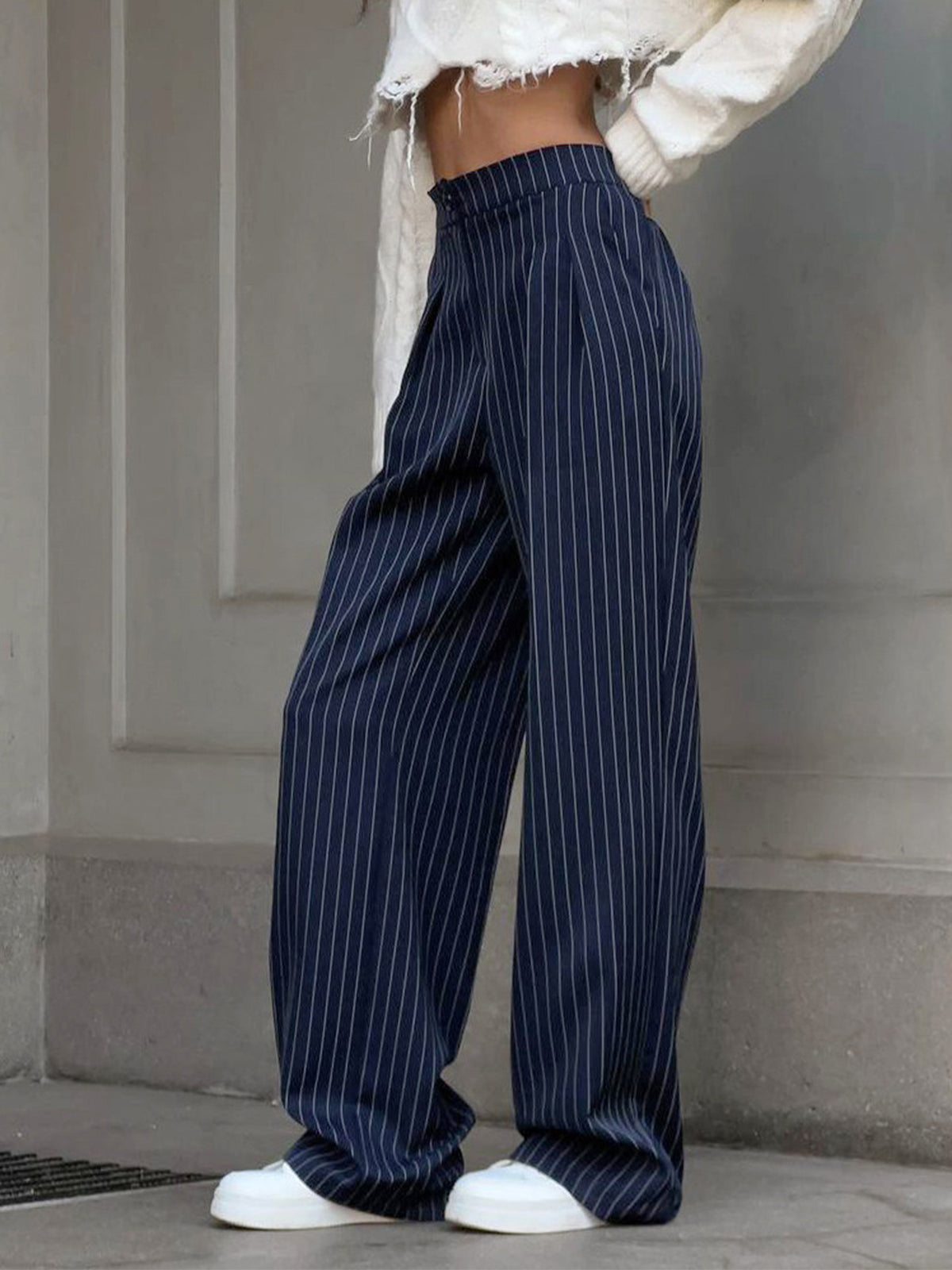 Damen Weite Beinhose Hochtailliert Gestreift Casual Freizeit